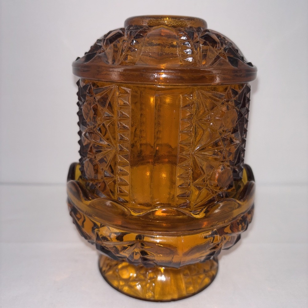 Vintage Indiana Amber Glass Fairy Lamp Stars & Bars Candle Holder See Condition